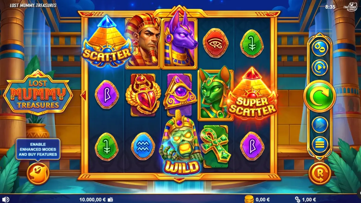 Tampilan visual slot Lost Mummy Treasures dengan tema kuil Mesir kuno
