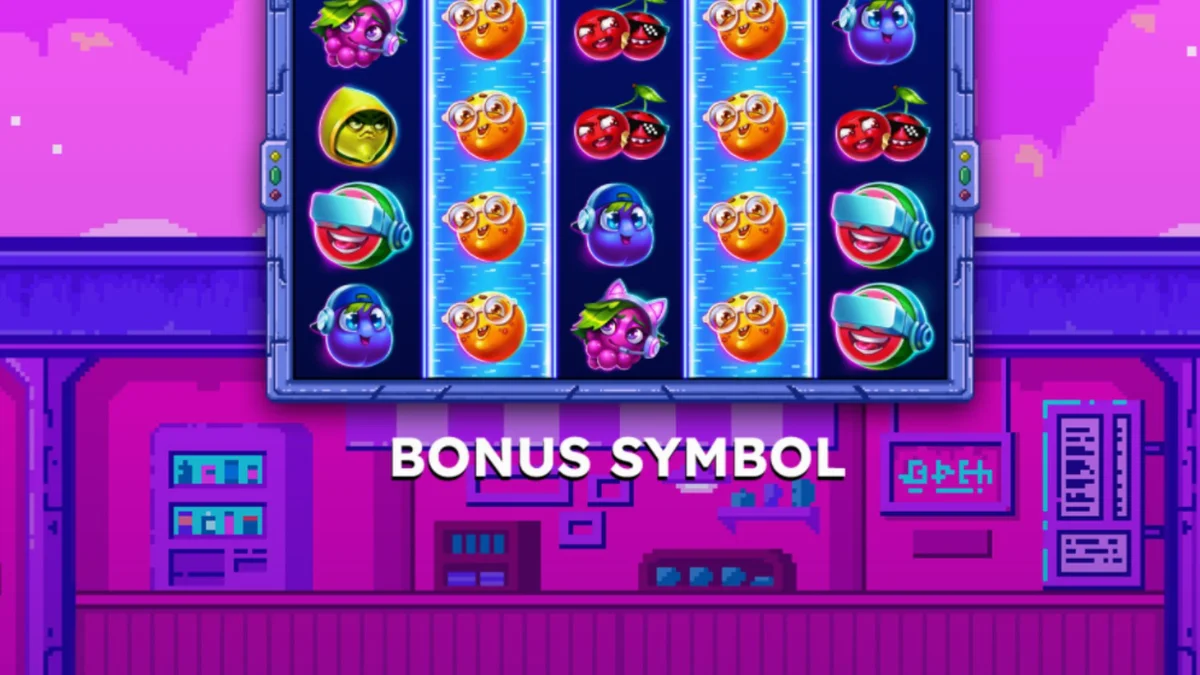 Tampilan visual retro 8-bit dari slot Frooty Troupe – Game On!